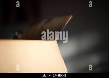 Pappschachtel. Pappe im Zimmer. Kiste für Dinge. Innenausstattung. Stockfoto