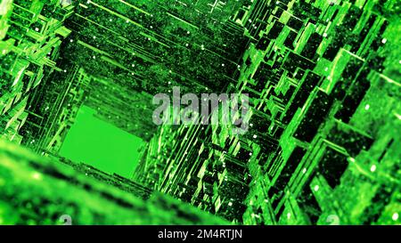 Grüne Pfade von Rechtecken. Bewegung. Lange Pfade kleiner Rechtecke in Bewegungssimulation, die sich von allen Seiten auseinander bewegen. Hochwertige 4K-Aufnahmen Stockfoto