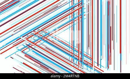 Violetter und weißer Hintergrund. Bewegung. Dünne mehrfarbige Linien bilden ein Dreieck in der Bewegungssimulation. Hochwertige 4K-Aufnahmen Stockfoto