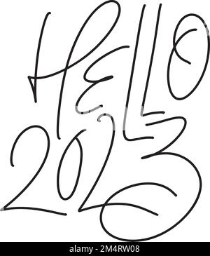 Hello 2023-Vektor handgezeichneter Text in der Monolin-Kalligraphie. Frohes neues Jahr und frohe Weihnachten Grußkarte und Logo Illustration. Vorlage für Stock Vektor