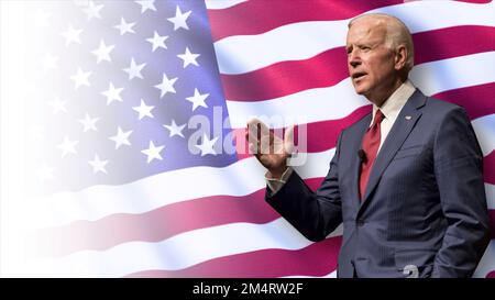 Washington, USA - 20. Juni 2022, Präsident Joe Biden vor der Flagge der amerikanischen Stars und Streifen. Bewegung. Das Konzept der Politik Stockfoto
