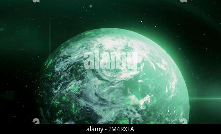 Leuchtender Planet im All. Bewegung. 3D Planet dreht sich im Weltraum mit farbigen Strahlen. Planet mit leuchtenden Farben auf dem Hintergrund des Sternenhimmels Stockfoto