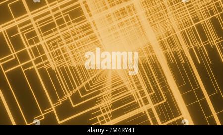 Bewegungssimulation mit rotierendem quadratischem Tunnel. Design. Neon-lineare Quadrate in rotierenden Tunneln. Schöner schwindelerregender Tunnel aus Neonquadraten. Stockfoto