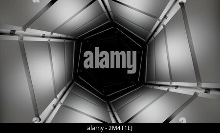 Abstrakter sechseckiger, monochromer beweglicher Tunnel. Design. Weiße geometrische Silhouetten erzeugen eine optische Täuschung Stockfoto