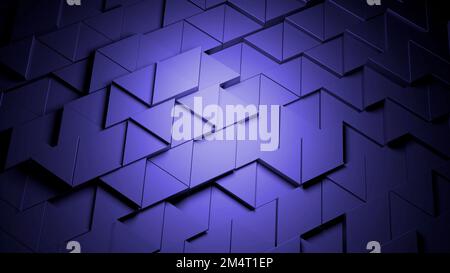 Lila und blaue Dreiecke. Design. Kleine Teile des Mosaiks brechen in der Bewegungssimulation in verschiedene Richtungen. Hochwertige 4K-Aufnahmen Stockfoto