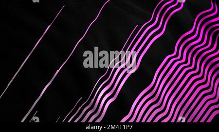 Diagonal gestreiftes Textilgewebe, das sich auf dem Wind windet. Bewegung. Pinkfarbene schmale Linien auf schwarzem Fahnentuch Stockfoto