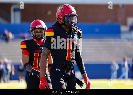 Ferris State Bulldogs Marcus Taylor (1) während der Aufwärmübungen für das Fußballspiel der NCAA Division II National Championship College im McKinney ISD Stadium S. Stockfoto