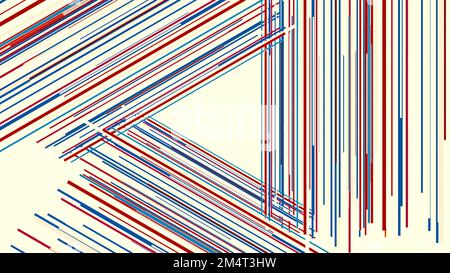 Abstrakte schmale blaue und rote Linien erzeugen eine dreieckige Silhouette auf weißem Hintergrund. Bewegung. Bewegliche, gekreuzte Streifen Stockfoto