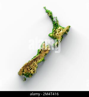 Eine 3D-Abbildung der Karte „Neuseeland Map Shaded Relief Color Height“ auf weißem Hintergrund Stockfoto