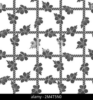 Nahtloses Muster mit Netz aus Kordel und Frühlingsblumen. Schwarzer und weißer Vektorhintergrund auf weiß. Stock Vektor