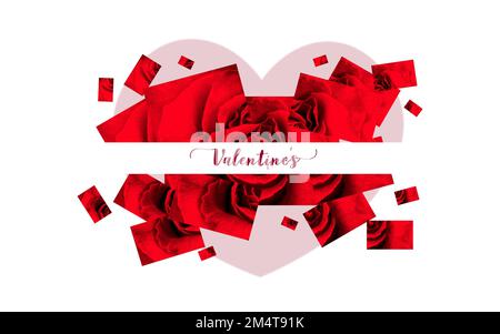 Happy Valentines Day Konzept, zugeschnittenes Bild vieler roter Rosen und Herzen auf weißem Hintergrund mit dekorativem Text Stockfoto