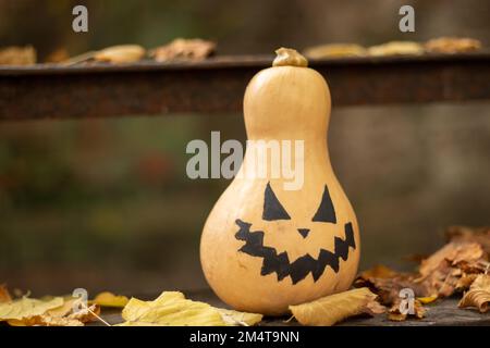 Bemalter Kürbis steht auf eisernen Stufen im trockenen Herbst Laub Vorbereitung für halloween, Kürbis für halloween Stockfoto