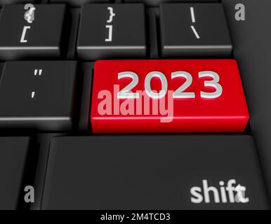 Nummer 2023 auf einer Computertastatur. Neujahrsbild auf einem Computerschlüssel Enter. 3D Rendring Stockfoto