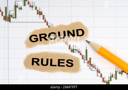 Finanz- und Wirtschaftskonzept. Auf der Tabelle mit den Zitaten befinden sich ein Bleistift und Papierstücke mit der Aufschrift - GRUNDREGELN Stockfoto