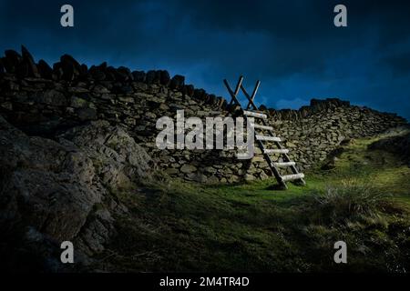 Hölzerner Leiterpfahl auf Black Crag bei Ambleside. Stockfoto