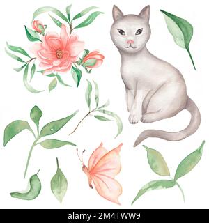 Aquarelle Katzenkatze mit Blumen, Grün, Schmetterlingsbild. Frühlingspinke Pfingstrosen und Knospen mit Haustieren. Handgemaltes Haustier. Stockfoto