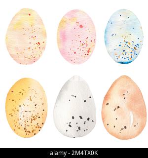 Wasserfarben-Ei-Set. Frühlingsferien - osterelemente. Zarte gelbe, rosafarbene, blaue, braune und graue Eier. Stockfoto