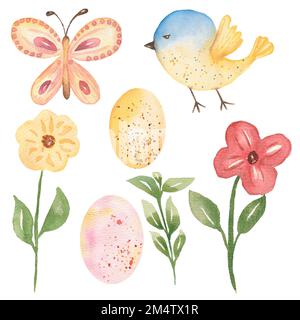 Aquarelle ostereier-Set. Frühlingsferien - osterelement - gelbes Ei, Wildblumen, grüne Clipart, Blumen, Schmetterling. Zarte gelbe, rosa Eier C. Stockfoto