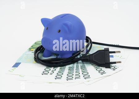 Geschäftskonzept. Auf dem Tisch liegen Euro, ein Sparschwein und ein Elektrostecker. Stockfoto