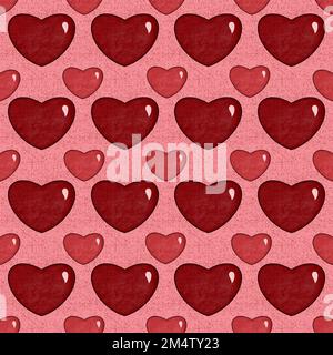 Strukturiertes, nahtloses 3D-Herzen-Muster. Handgezeichnete rote, glänzende Herzen auf pinkfarbenem Hintergrund. Süße, moderne Einrichtung am Valentinstag. Rasterdarstellung für Stoff Stockfoto