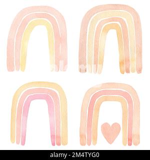 Abstrakte Kinder Aquarell Raindow Set, Clipart mit handgemalten Boho-Regenbögen. Kindergartenkunstillustration im modischen skandinavischen Stil. Zeitgenössische Kunst, Stockfoto
