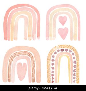 Abstrakte Kinder Aquarell Raindow Set, Clipart mit handgemalten Boho-Regenbögen. Kindergartenkunstillustration im modischen skandinavischen Stil. Zeitgenössische Kunst, Stockfoto