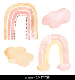 Abstrakte Kinder Aquarell Raindow Set, Clipart mit handgemalten Boho-Regenbögen. Kindergartenkunstillustration im modischen skandinavischen Stil. Zeitgenössische Kunst, Stockfoto