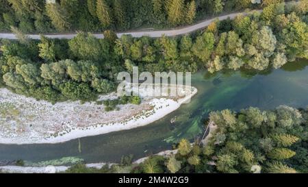 Aufnahme des Flusses Sava Bohinjka in der Nähe von Bled, mit einer Schotterstraße parallel und Wäldern auf beiden Seiten. Kiesdünen in der Mitte des Flusses Stockfoto