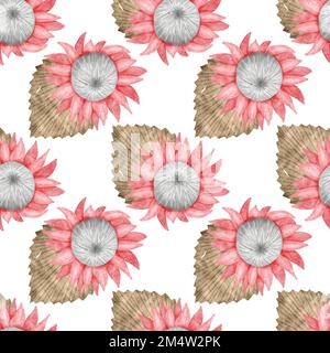 Nahtloses Muster mit Aquarell-protea-Blumen und trockenen Palmenblättern Stockfoto