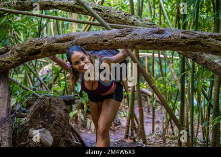Porträt einer jungen Weißen auf einer Wandertour in einem Wald auf O'ahu Island, Hawaii Stockfoto