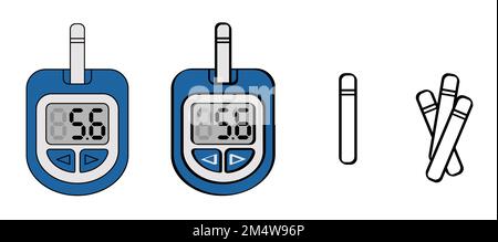 Blut-, Blutzucker- oder Blutzuckermessgerät. Blutzuckertest, Füllstand wird angezeigt. Diabetes-Insulin. Gerät zur Prüfung und Überwachung des Zuckergehalts. Cartoon CO Stockfoto