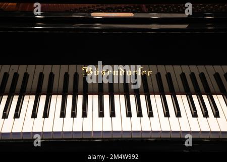 Tastatur eines glänzenden schwarzen Pianos mit sichtbarem Markennamen: Bösendorfer Stockfoto