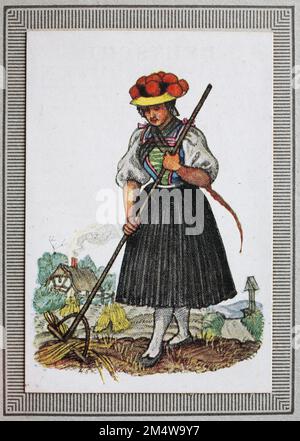 Trachten in Deutschland im 19. Jahrhundert, Baden, Schwarzwald, Frau aus dem Gutachtal mit Bollenhut, Historisch, digitales Restaurant Reproduktion von einem Sammelbild aus dem Jahre Ca 1910 / traditionelle Kostüme in Deutschland im 19. Jahrhundert, Baden, Schwarzwald, Frau aus dem Gutachtal mit Bollenhut, historisch, Digital wiederhergestellte Reproduktion aus einem kollektiven Bild aus dem Jahr ca. 1910 Stockfoto