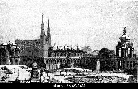 Teilansicht vom Zwinger in Dresden im Jahre 1870, Sachsen, Deutschland, Historisch, digitale Restaurierte Reproduktion von einer Vorlage aus dem 19. Jahrhundert / Teilansicht des Zwinger in Dresden 1870, Sachsen, Deutschland, historische, digital restaurierte Reproduktion eines Originals aus dem 19. Jahrhundert Stockfoto