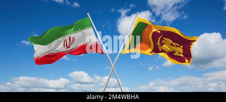 Zwei gekreuzte Flaggen Sri Lanka und Iran, die im Wind am bewölkten Himmel winken. Beziehungskonzept, Dialog, Reisen zwischen zwei Ländern. 3D Abbildung Stockfoto