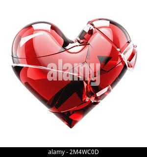 Rotes Glas gebrochenes Herz. Gebrochenes helles Herz auf isoliertem Hintergrund. 3D-Rendering. Stockfoto