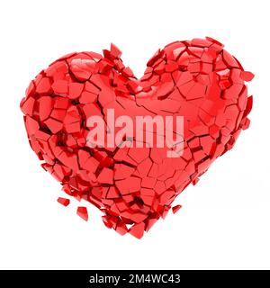 Rotes Herz zerbröckelt in Stücke. Gebrochenes Herz auf isoliertem Hintergrund. Das Herz besteht aus vielen Stücken. 3D-Rendering. Stockfoto