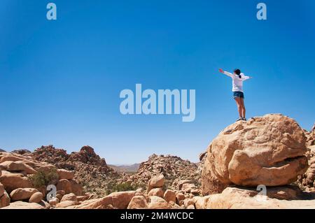 Eine Frau, die auf einem großen Felsen steht und den versteckten Valley Trail im Joshua Tree-Nationalpark im sonnigen kalifornien überblickt. Stockfoto