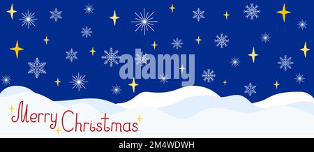 Frohe Weihnachtsfeier Vorlage für Grußkarte, Poster, Banner, Einladung, Nachthimmel, Sterne, Schneeflocken auf einer verschneiten Winterlandschaft, Begrüßung der Jahreszeiten Stock Vektor