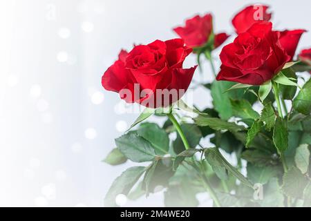 Rote Rosen in Vase auf hellem Hintergrund Stockfoto