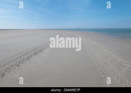 Perspektive der Reifenspuren am Sandstrand mit dunkelblauen bewölkten Himmel Stockfoto