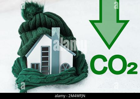 Saubere Hitze. Dekarbonisierung. Wärme Enorme Co2-Bilanz. Geringere CO2-Emissionen und weniger Kohlenstoff. Haus, warmer Strickmütze. Nachhaltige Entwicklung, envi Stockfoto