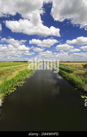 Sommer Blick über Bevills Leam entleeren, Pondersbridge Dorf, Flussauen, Cambridgeshire, England, Großbritannien Stockfoto