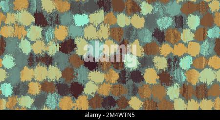 Nahtlose Grungy-Spray-Farbspritzer Polka-Punkt-Kreis-Klumpen-Hintergrundstruktur in einer Farbpalette aus oxidiertem Kupfer Patina mintgrün und orange-braun. Stockfoto