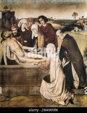 Dieric-Anfälle. Das Entombment, wahrscheinlich 1450s. Entombment ist eine Leinenmalerei in Klebstoffgröße. Es zeigt Eine Szene aus der biblischen Entombation Christi an Stockfoto