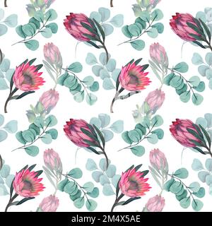Wasserfarbenes, nahtloses Muster mit magentafarbenem protea, blühenden Blüten im Hintergrund und proteablättern. Stockfoto