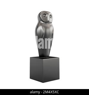 Eine 3D-Darstellung einer Eulenstatue, isoliert auf weißem Hintergrund Stockfoto