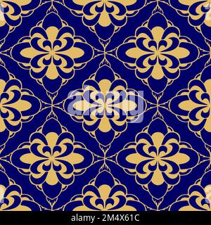 Nahtloses symmetrisches Muster goldener abstrakter geometrischer Formen auf blauem Hintergrund, Textur Stockfoto