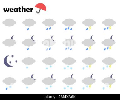 Die Wettervorhersage für die Nacht. Symbole, Wettervorhersagesymbole. Wolken, Wolken, Regentropfen, Blitze, Nacht, mond, Schneeflocke. Vektor. Stock Vektor