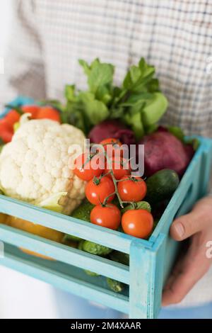 Frische Kirschtomaten und Blumenkohl in einer Kiste, die vom Menschen gehalten wird Stockfoto